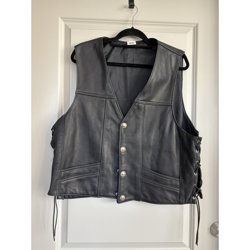 USA Black Leather Biker Vest XXL Buffalo Nickel Buttons Lace Up Sides
